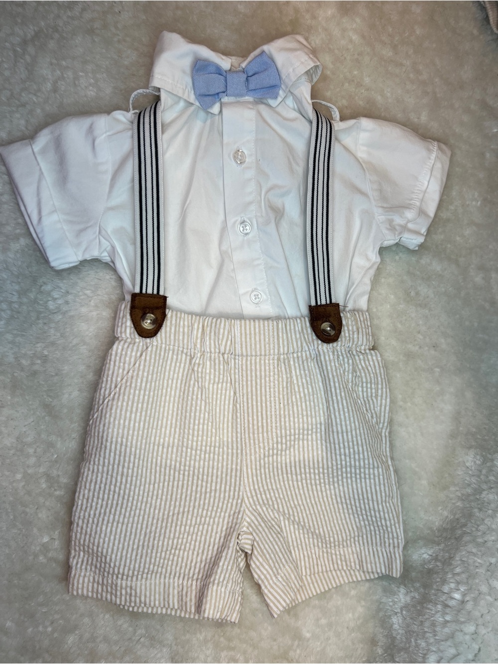 Miniclasix Baby White Shirt and Striped Beige Shorts with Gray Braces & Blue Bow